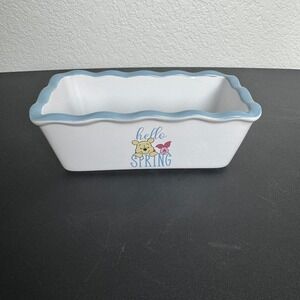 Disney Mini Loaf Pan Winnie the Pooh White Blue Hello Spring Scalloped Stoneware